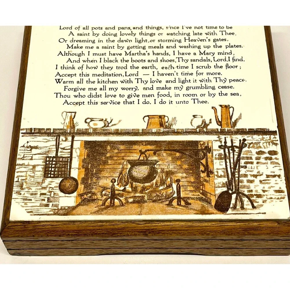 Vintage Mid Century The Kitchen Prayer Wood Framed Ceramic Tile Trivet Japan